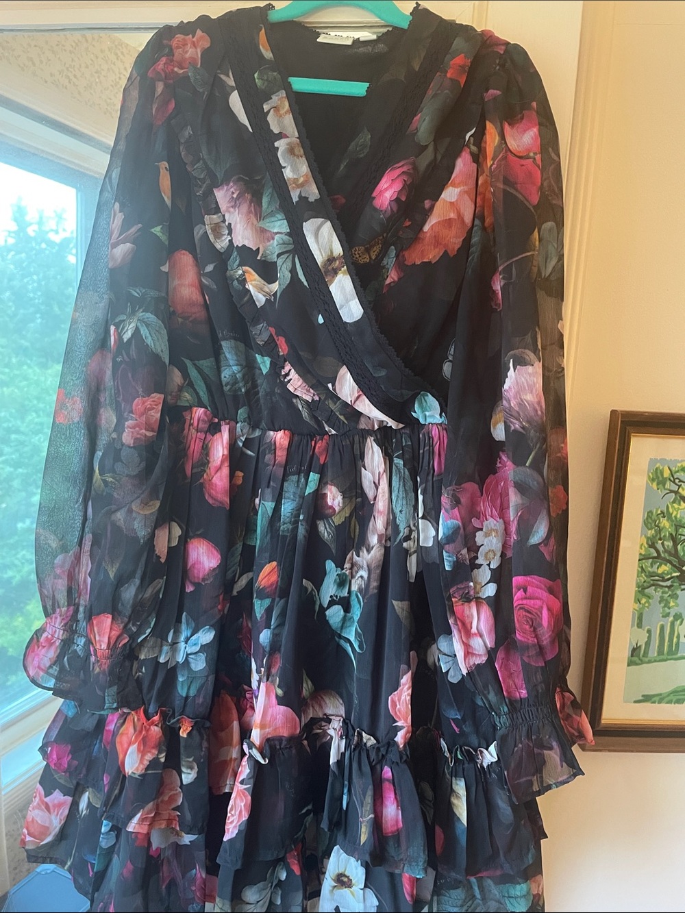 Ted Baker Black Floral Chiffon Wrap Dress with Ruffle Skirt